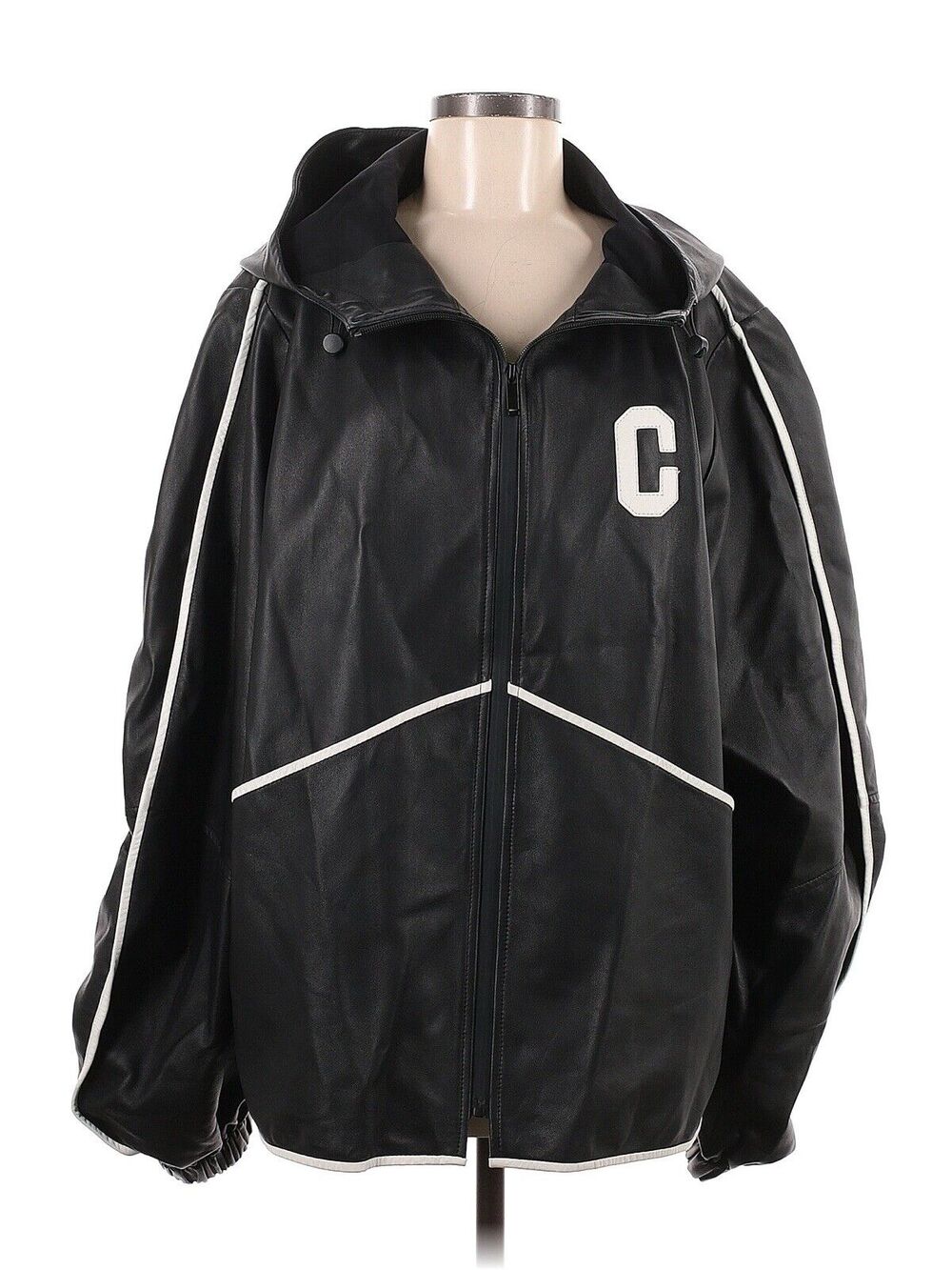 Leather Hooded Bomber Letterman Jacket Black C 38 US 6